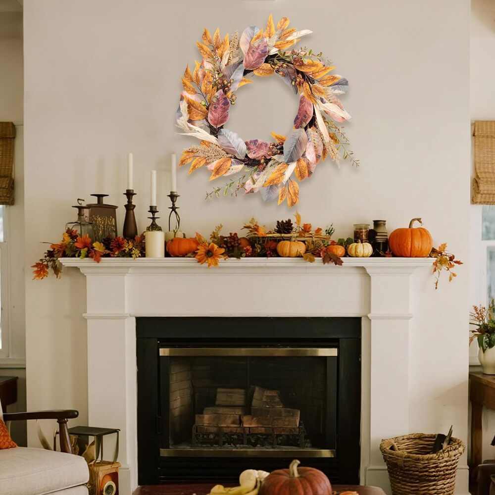 1338 20 Inch Fall Wreath Autumn Harvest Front Door Wreath with Leaves - Picture 4 of 8